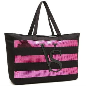 Victoria's Secret Black & Pink Sequin Extra Large Canvas Tote Bag from 2014